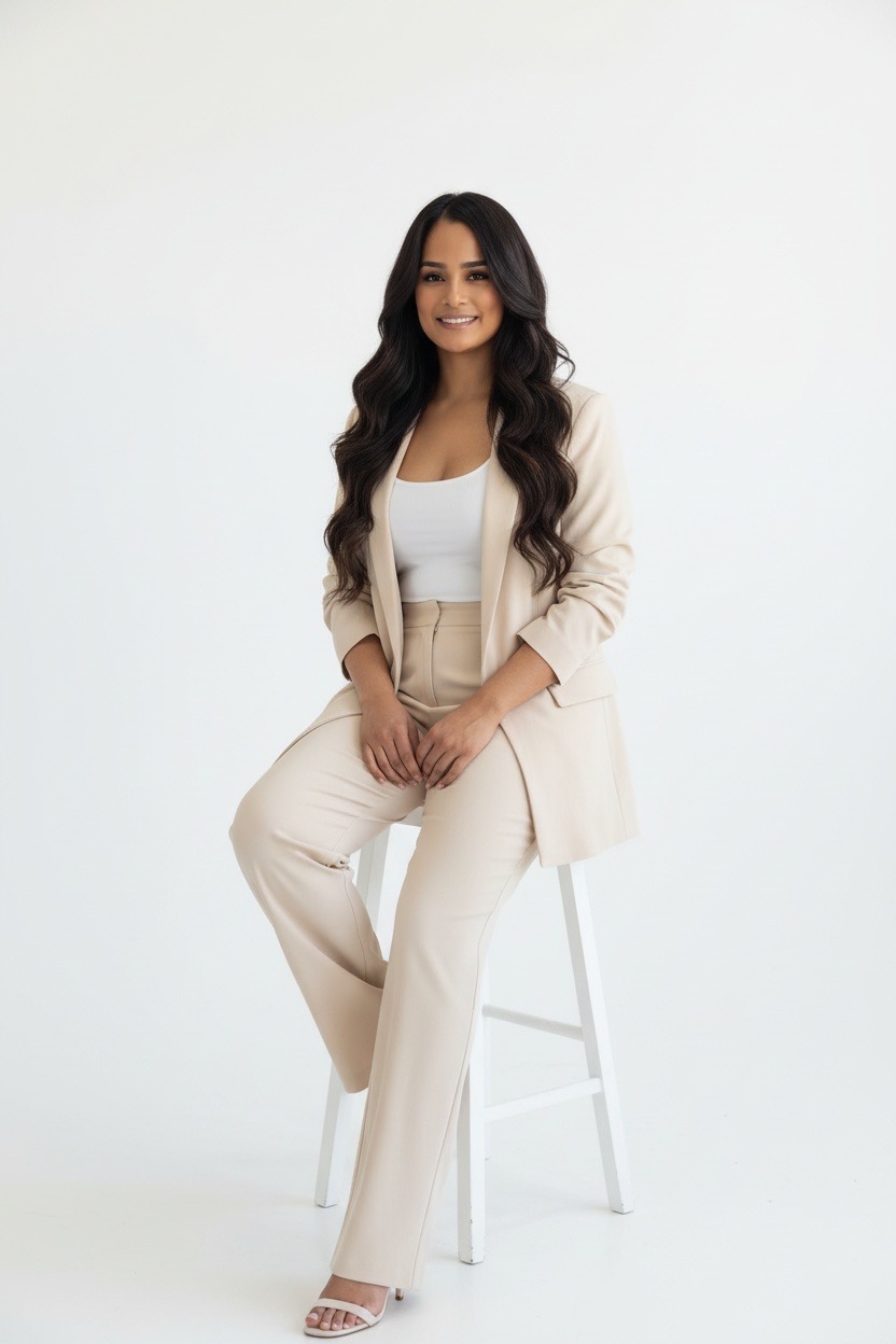 Carmen Angle seated on a white stool in a cream suit