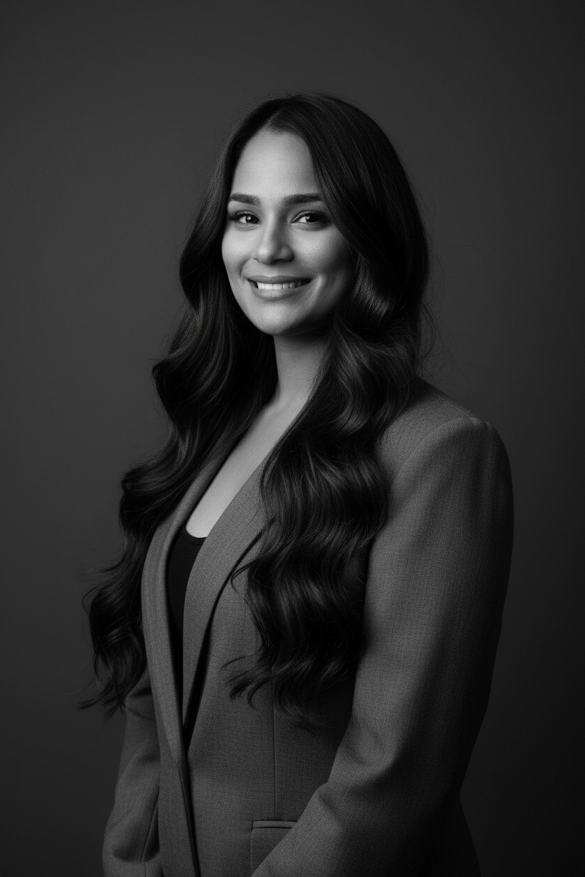 Black-and-white portrait of Carmen Angle smiling in a blazer
