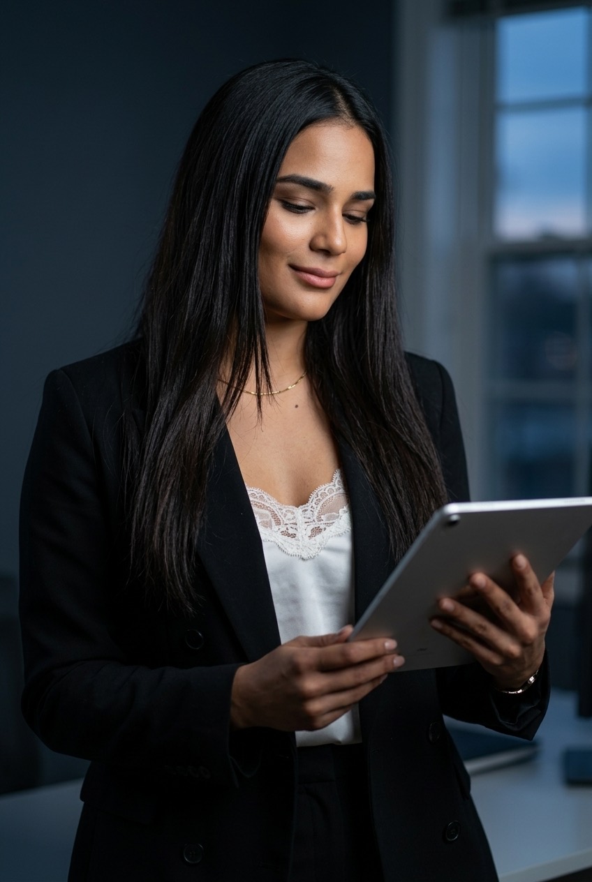 Carmen Angle holding a tablet in a black blazer